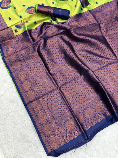 Enigmatic Parrot Soft Silk Saree With Bewitching Blouse Piece