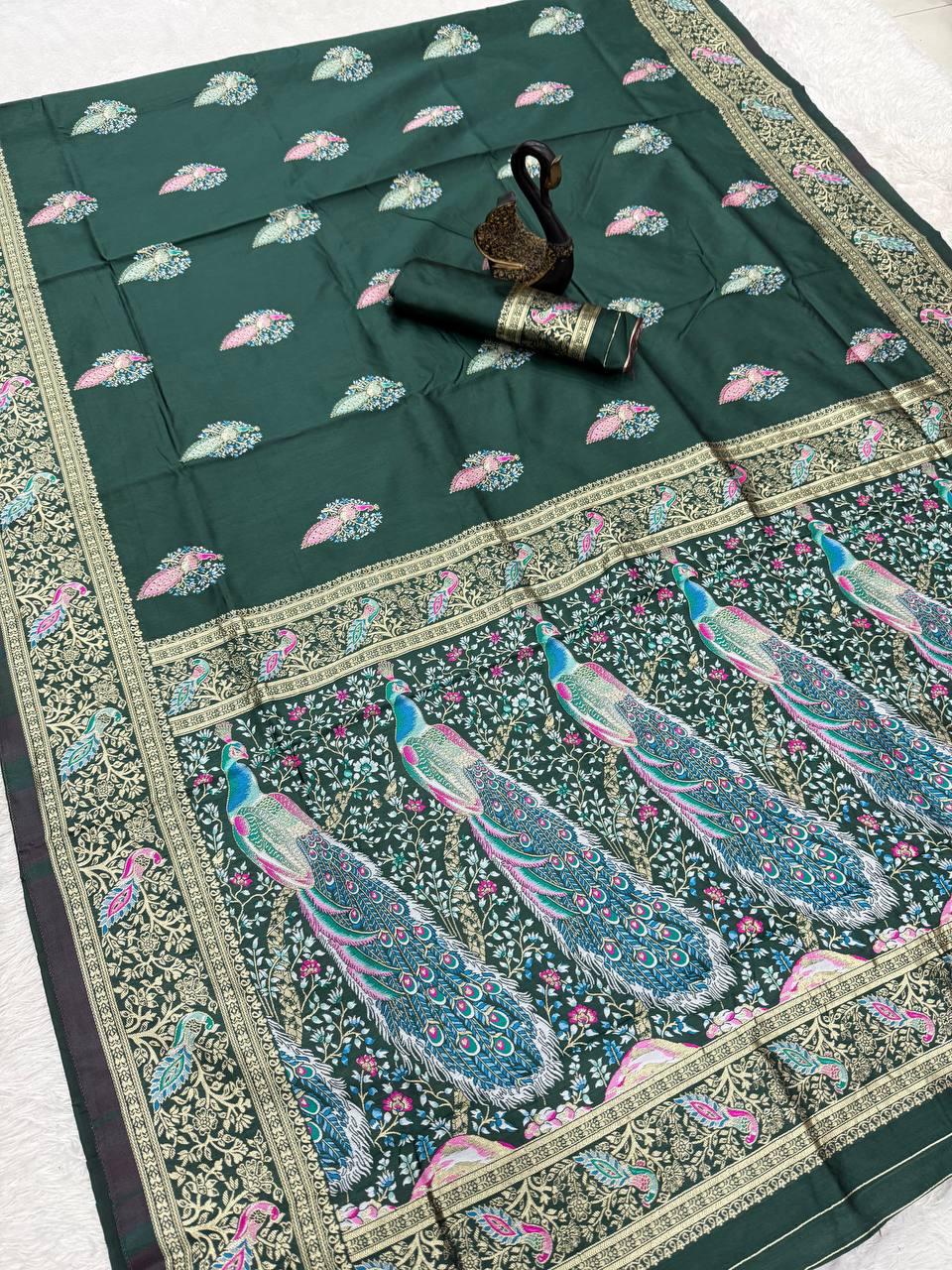 Embellished Dark Green Blue Soft Banarasi Silk Saree With Designer Blouse Piece