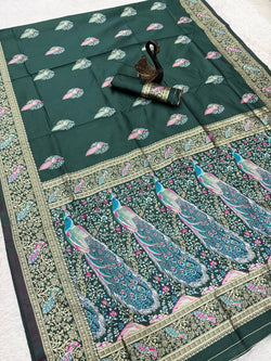 Embellished Dark Green Soft Banarasi Silk Saree With Designer Blouse Piece