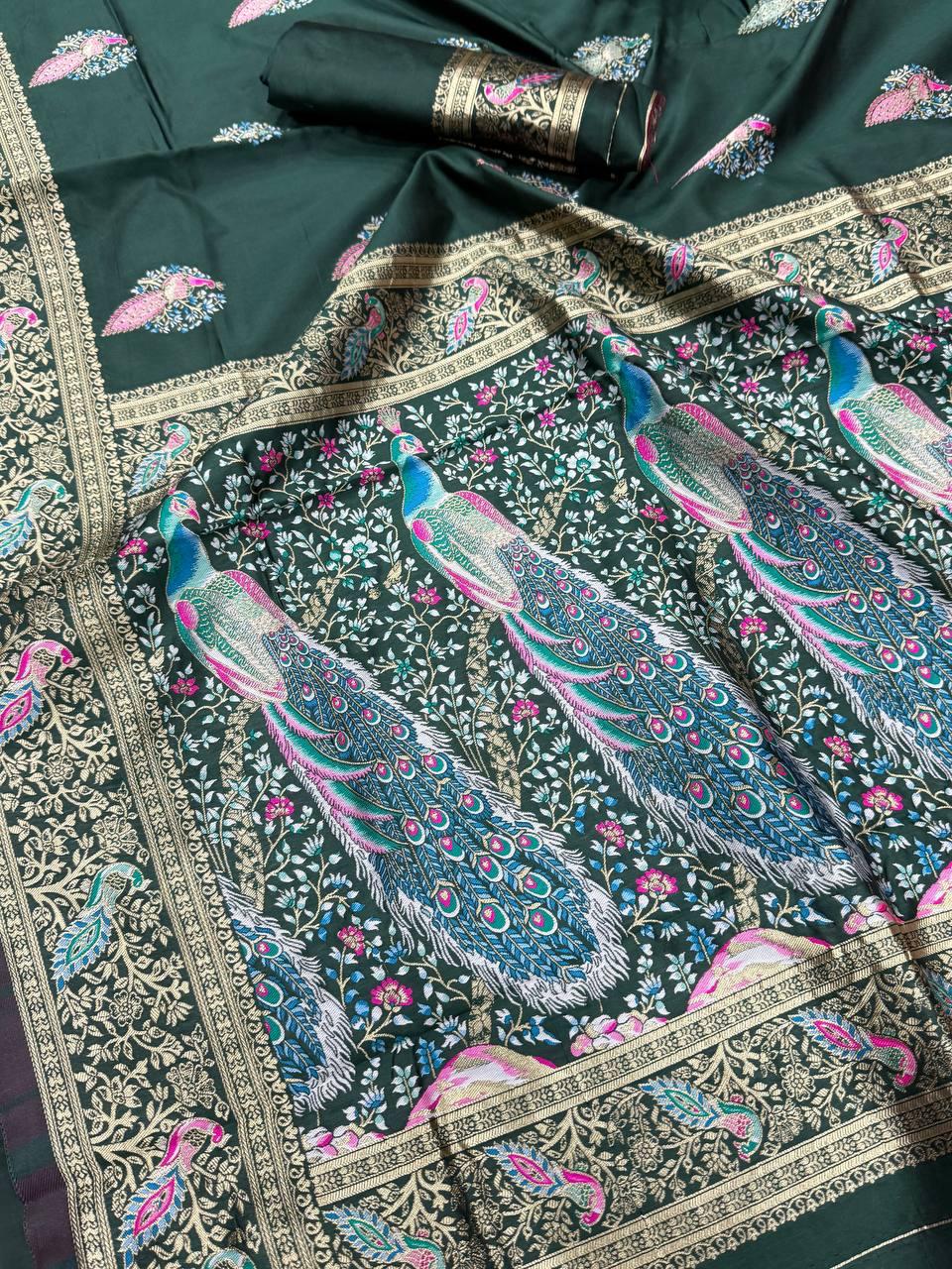 Embellished Dark Green Blue Soft Banarasi Silk Saree With Designer Blouse Piece