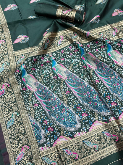 Embellished Dark Green Blue Soft Banarasi Silk Saree With Designer Blouse Piece