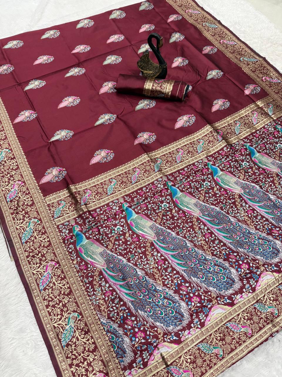 Nectarous Maroon Soft Banarasi Silk Saree With Deserving Blouse Piece