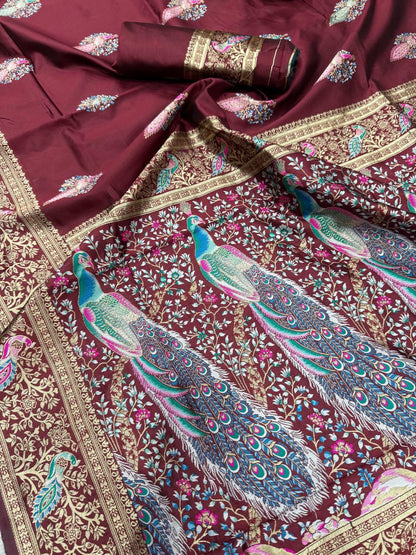 Nectarous Maroon Soft Banarasi Silk Saree With Deserving Blouse Piece