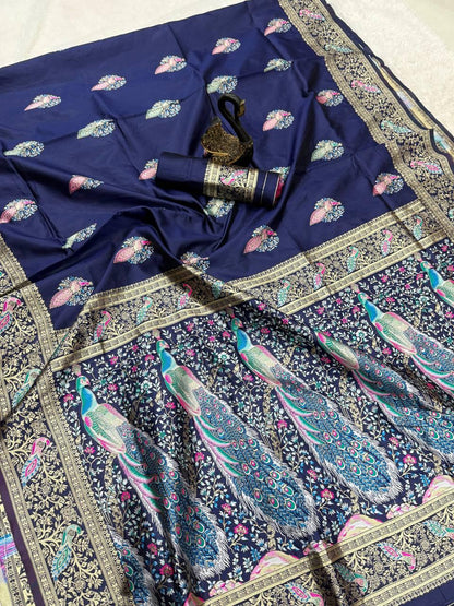 Snazzy Navy Blue Soft Banarasi Silk Saree With Stunner Blouse Piece