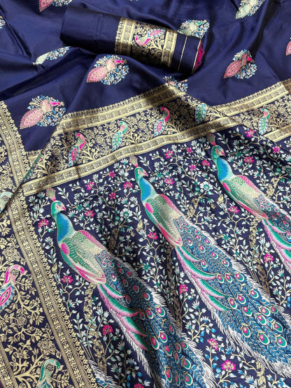 Snazzy Navy Blue Soft Banarasi Silk Saree With Stunner Blouse Piece