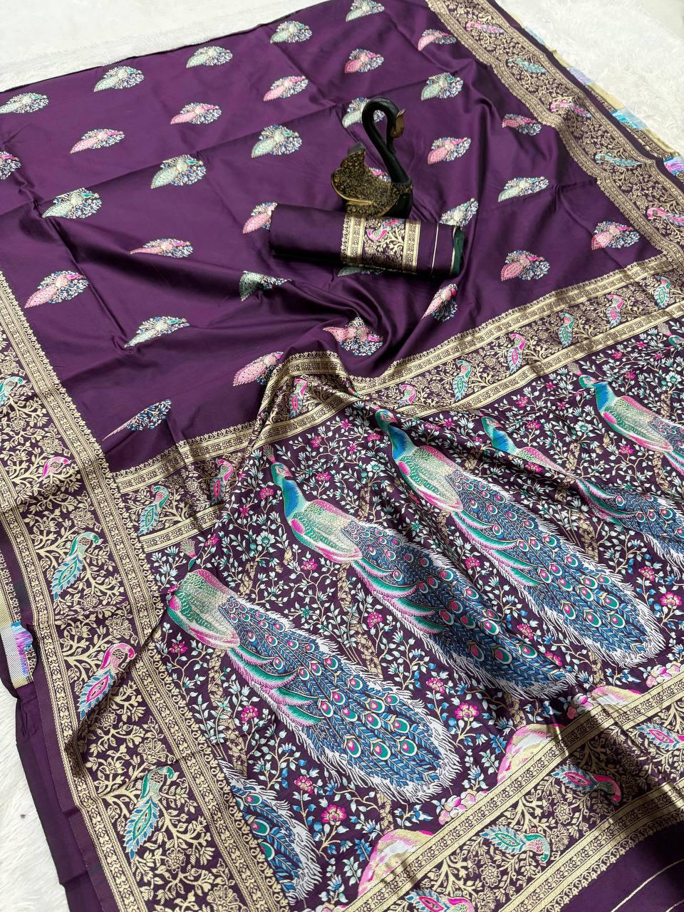 Opulent Purple Soft Banarasi Silk Saree With Ephemeral Blouse Piece