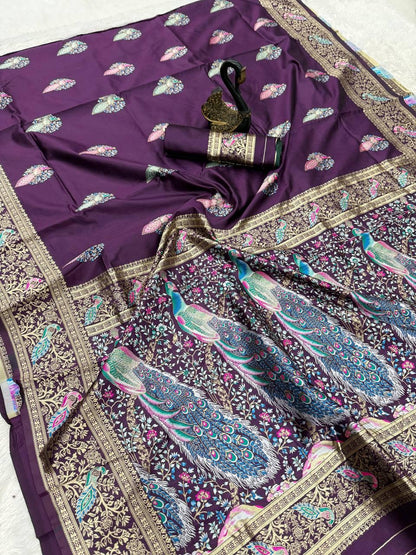 Opulent Purple Soft Banarasi Silk Saree With Ephemeral Blouse Piece