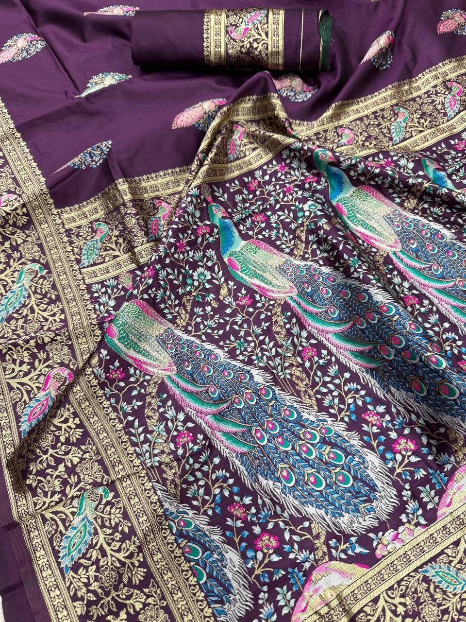 Opulent Purple Soft Banarasi Silk Saree With Ephemeral Blouse Piece