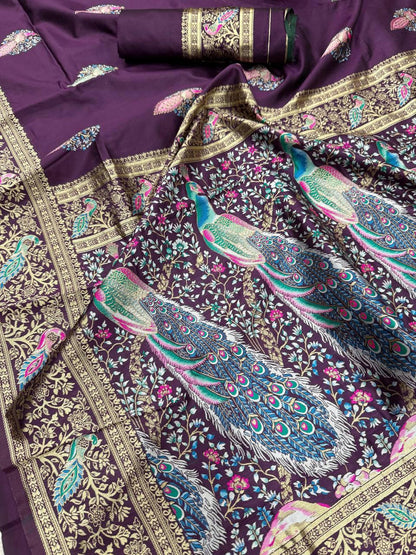 Opulent Purple Soft Banarasi Silk Saree With Ephemeral Blouse Piece