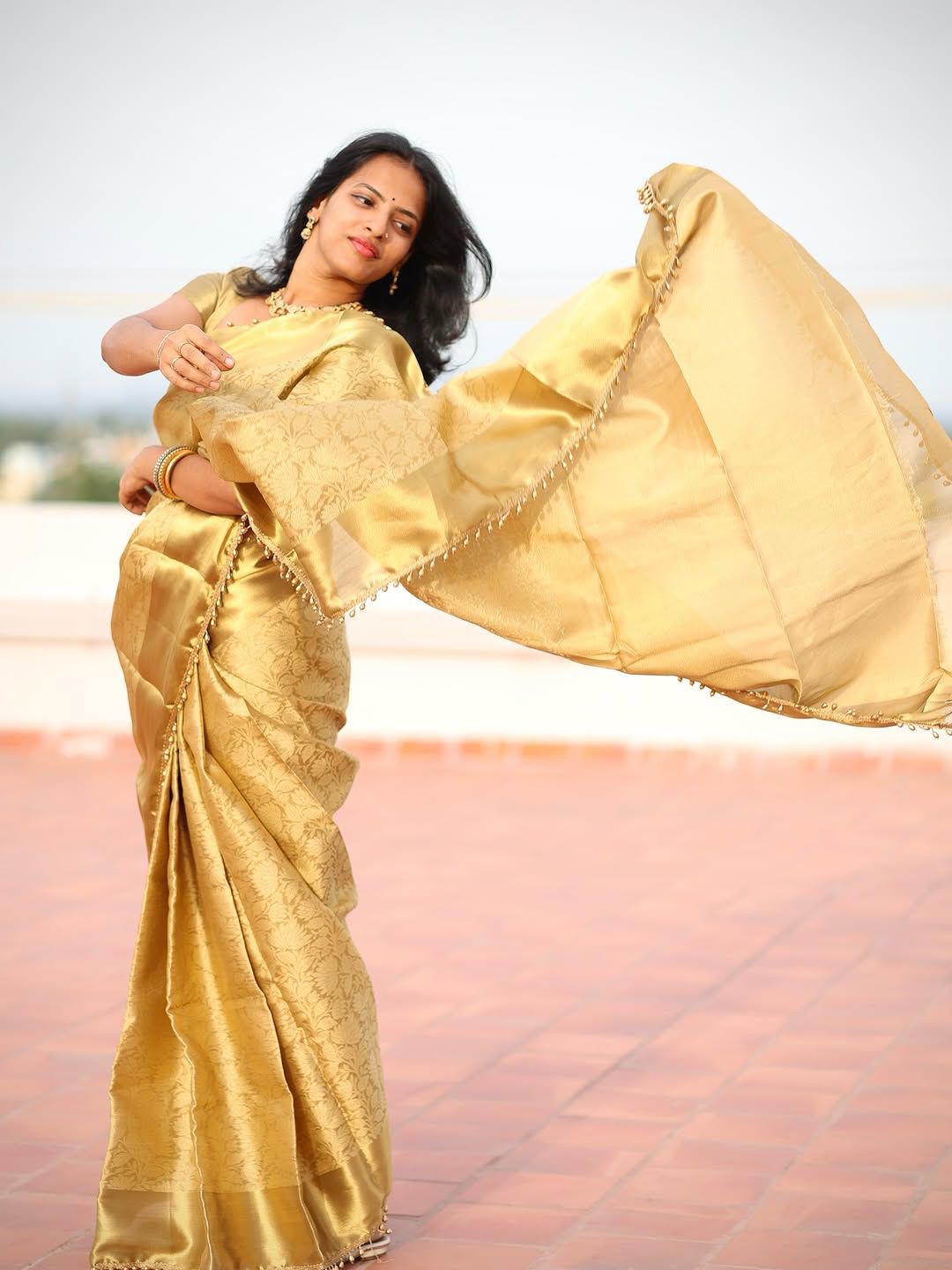 Lagniappe Golden Soft Tissue Silk Saree With Petrichor Blouse Piece