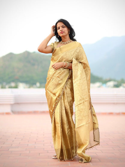Lagniappe Golden Soft Tissue Silk Saree With Petrichor Blouse Piece