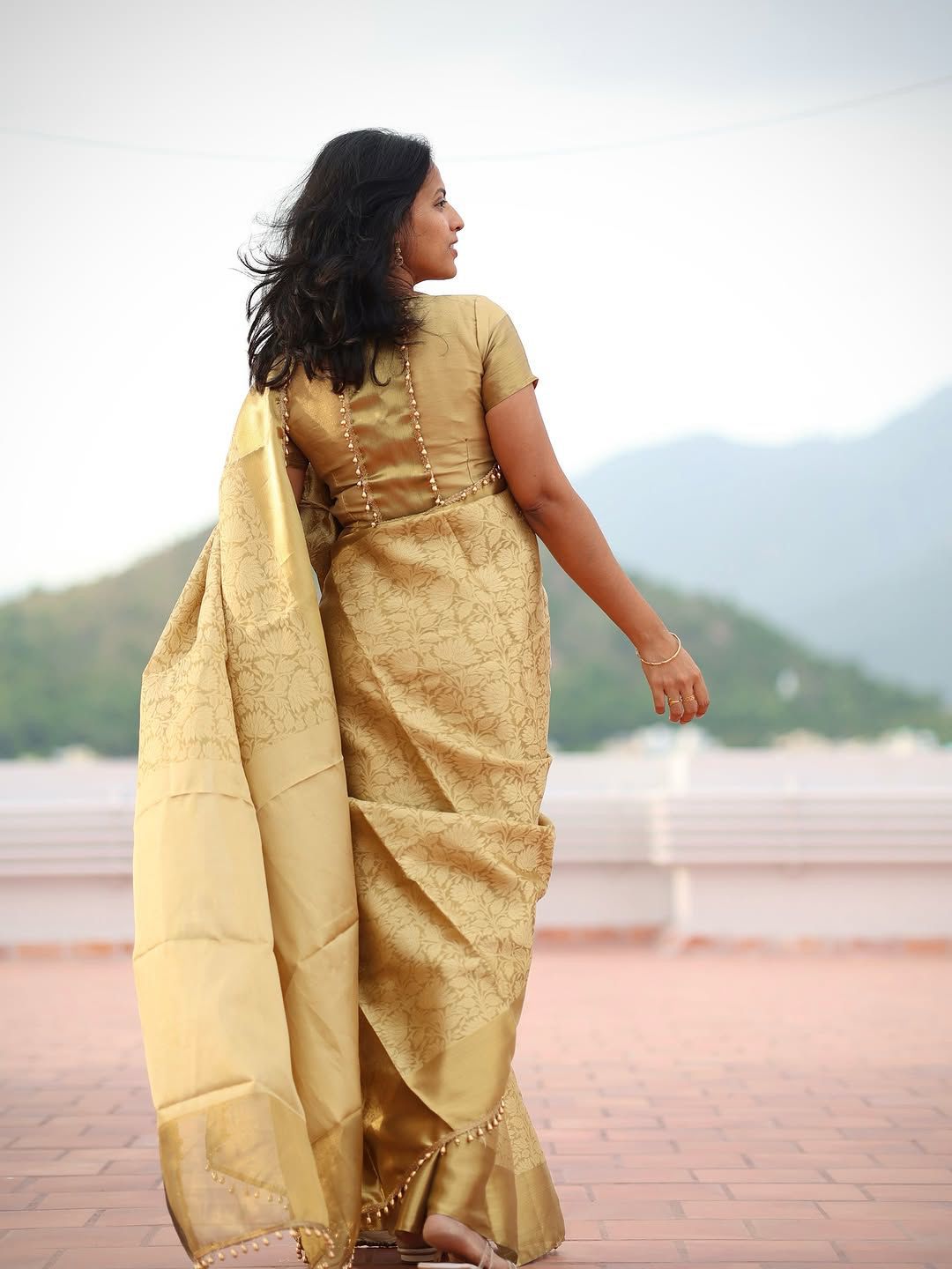 Lagniappe Golden Soft Tissue Silk Saree With Petrichor Blouse Piece