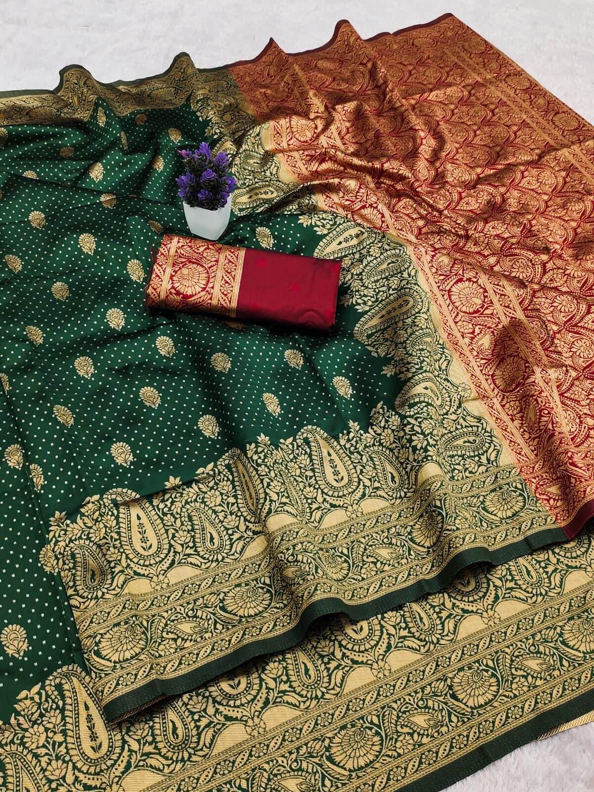 Prodigal Dark Green Soft Silk Saree With Designer Blouse Piece