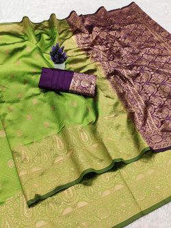 Pulsating Green Soft Silk Saree With Effulgent Blouse Piece