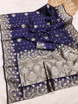 Inimitable Navy Blue Soft Silk Saree With Imaginative Blouse Piece