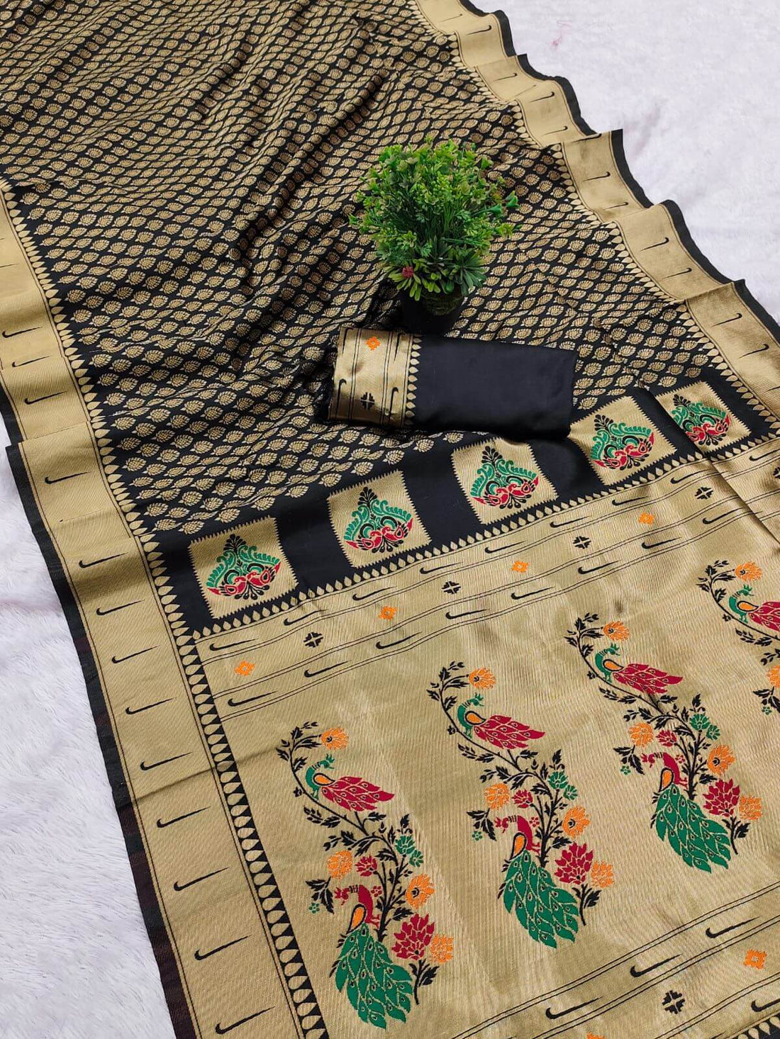 Engaging Black Paithani Silk Saree With Adorning Blouse Piece