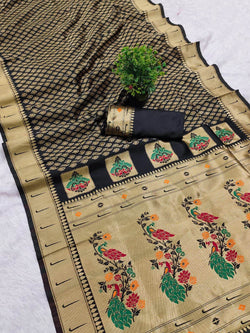 Engaging Black Paithani Silk Saree With Adorning Blouse Piece