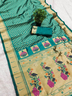 Luminous Rama Paithani Silk Saree With Diaphanous Blouse Piece