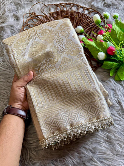 Fancifull Beige Soft Tissue Silk Saree With Classy Blouse Piece