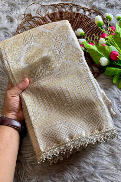 Fancifull Beige Soft Tissue Silk Saree With Classy Blouse Piece