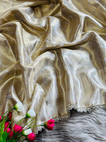 Fancifull Beige Soft Tissue Silk Saree With Classy Blouse Piece