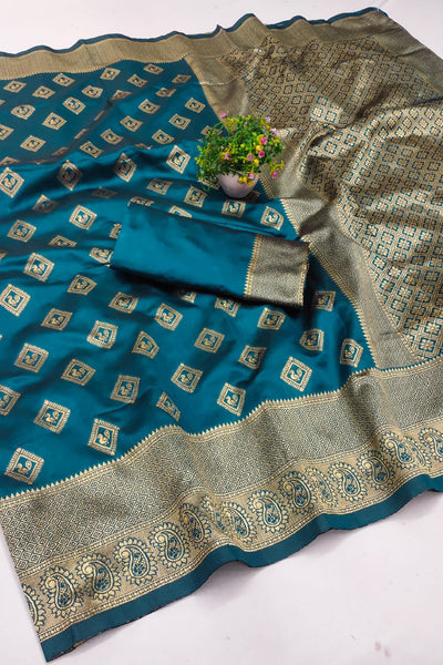 Prettiest Firozi Soft Silk Saree With Enticing Blouse Piece