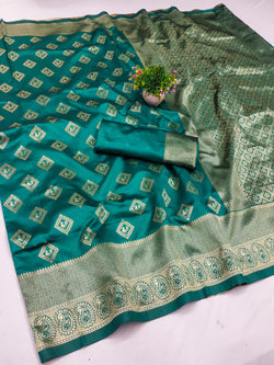 Symmetrical Rama Soft Silk Saree With Elegant Blouse Piece