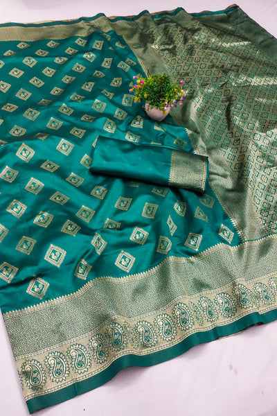 Symmetrical Rama Soft Silk Saree With Elegant Blouse Piece