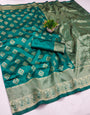 Symmetrical Rama Soft Silk Saree With Elegant Blouse Piece