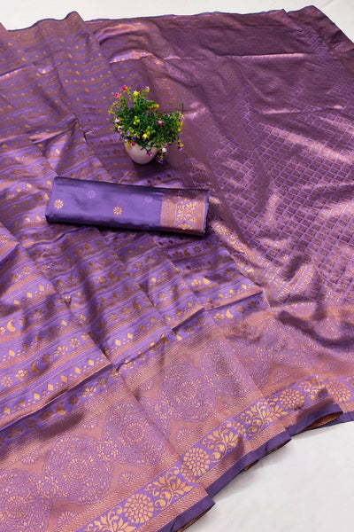 Stylish Lavender Soft Silk Saree With Intricate Blouse Piece