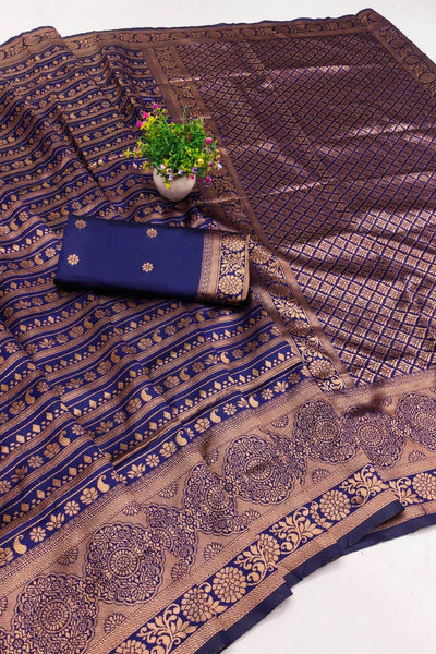 Engaging Navy Blue Soft Silk Saree With Serendipity Blouse Piece