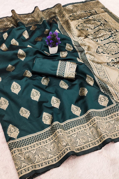 Inspiring Dark Green Soft Silk Saree With Allure Blouse Piece