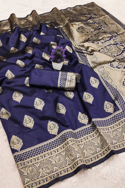 Precious Navy Blue Soft Silk Saree With Unique Blouse Piece
