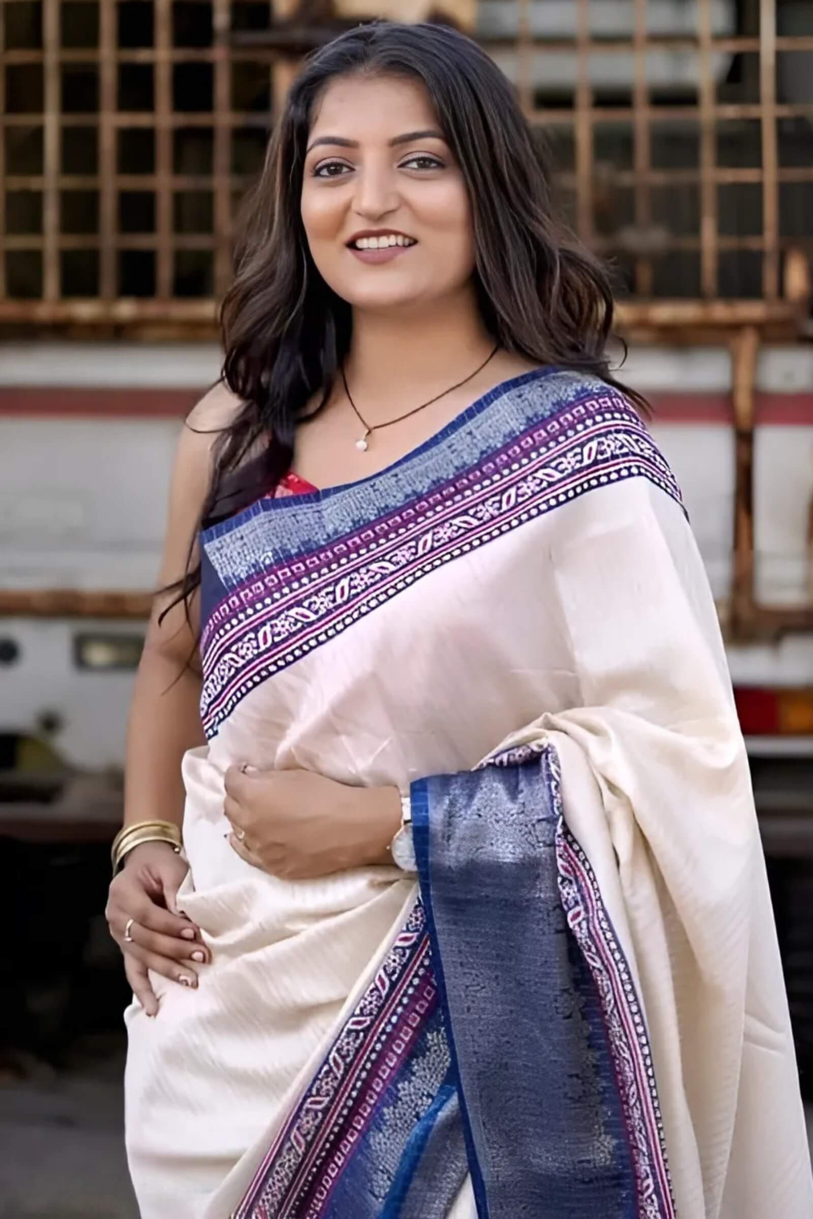 Capricious Beige Digital Printed Dola Silk Saree With Prettiest Blouse Piece