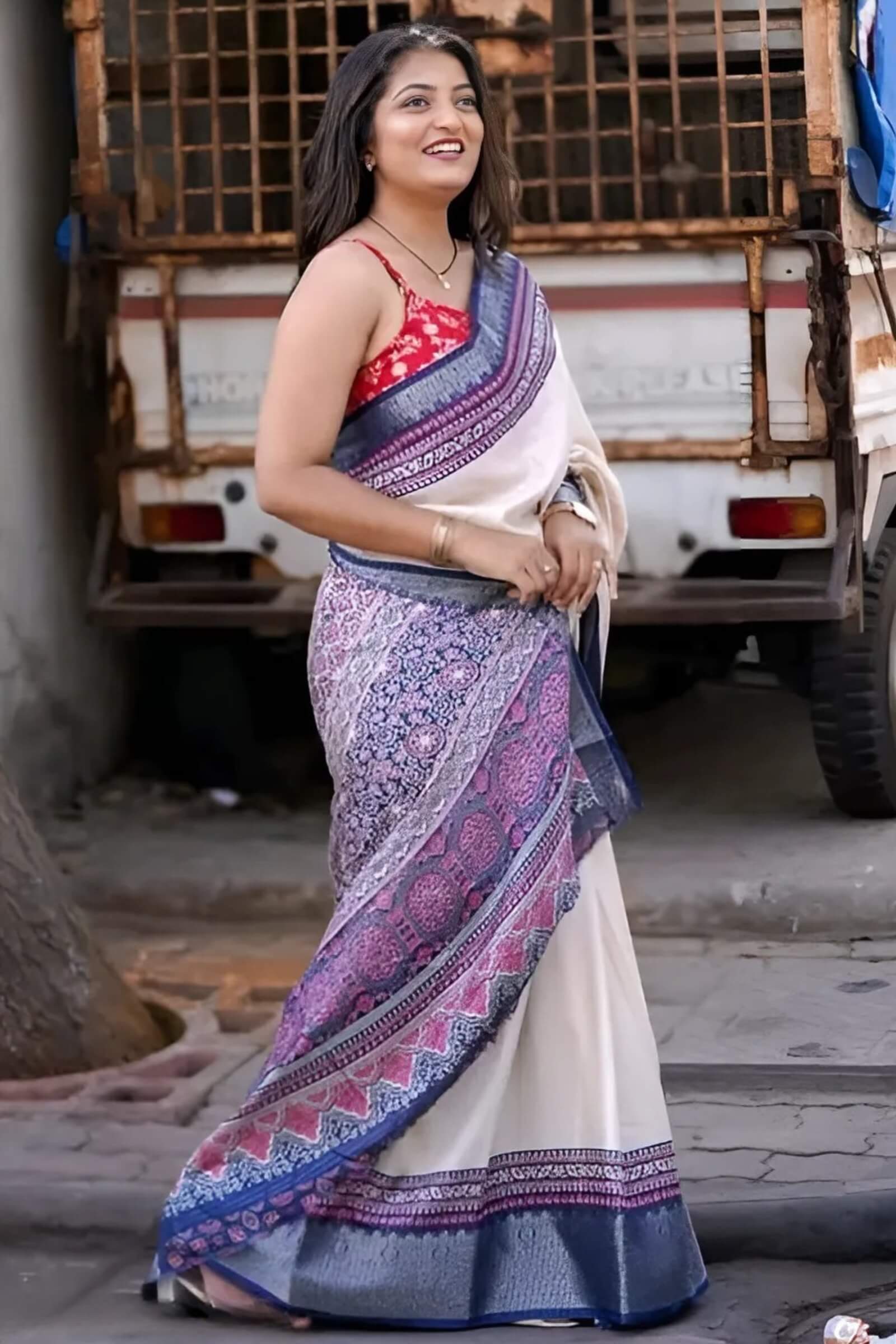 Capricious Beige Digital Printed Dola Silk Saree With Prettiest Blouse Piece