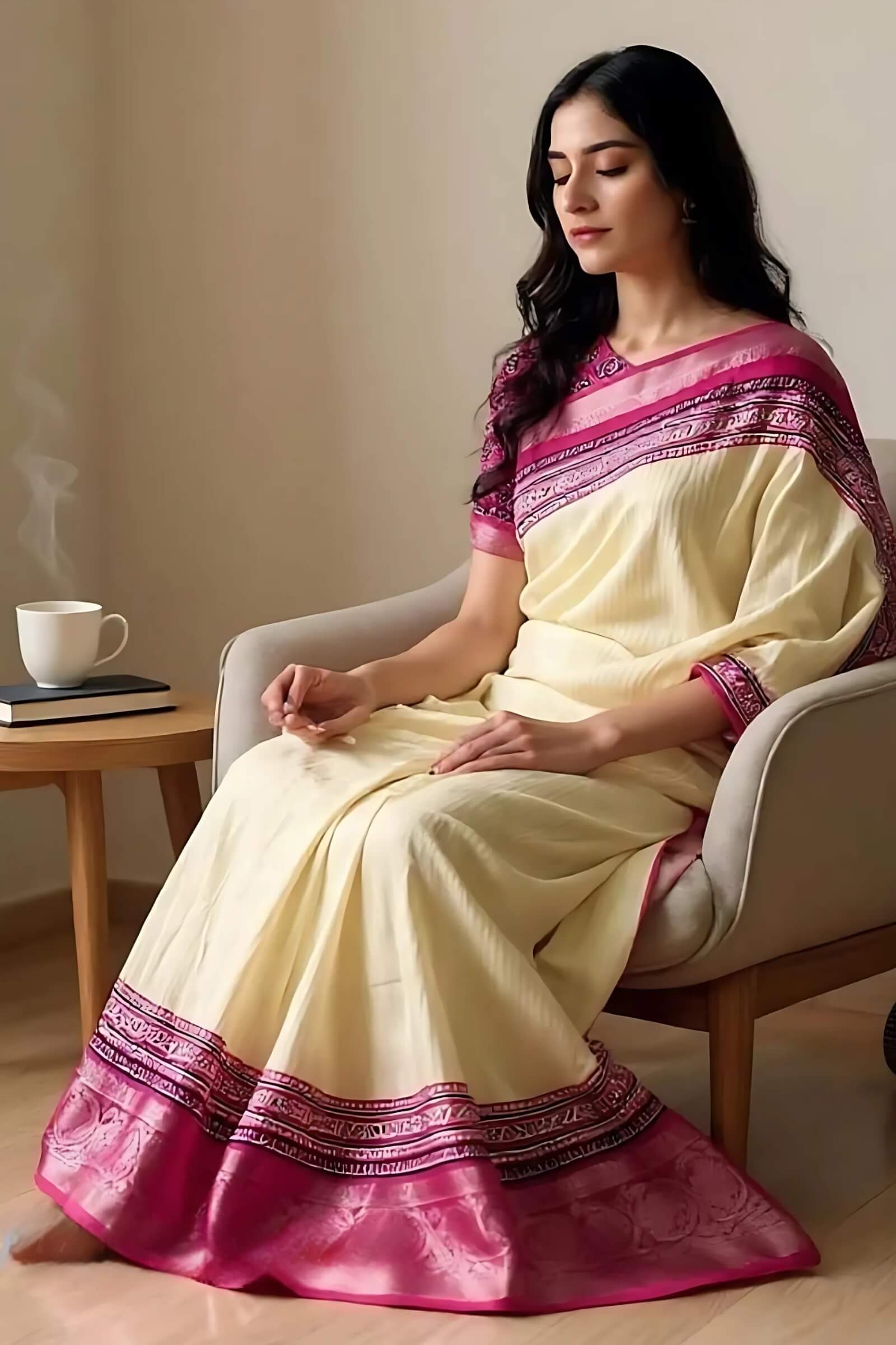 Majesty Beige Digital Printed Dola Silk Saree With Stylish Blouse Piece
