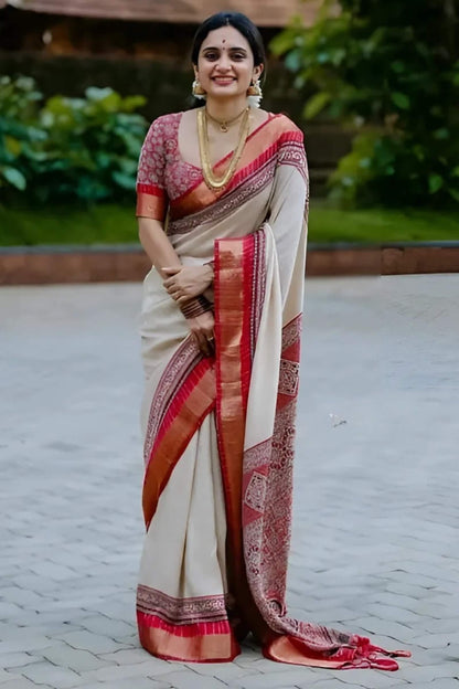 Pretty Beige Digital Printed Dola Silk Saree With Alluring Blouse Piece