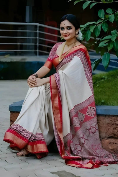 Pretty Beige Digital Printed Dola Silk Saree With Alluring Blouse Piece