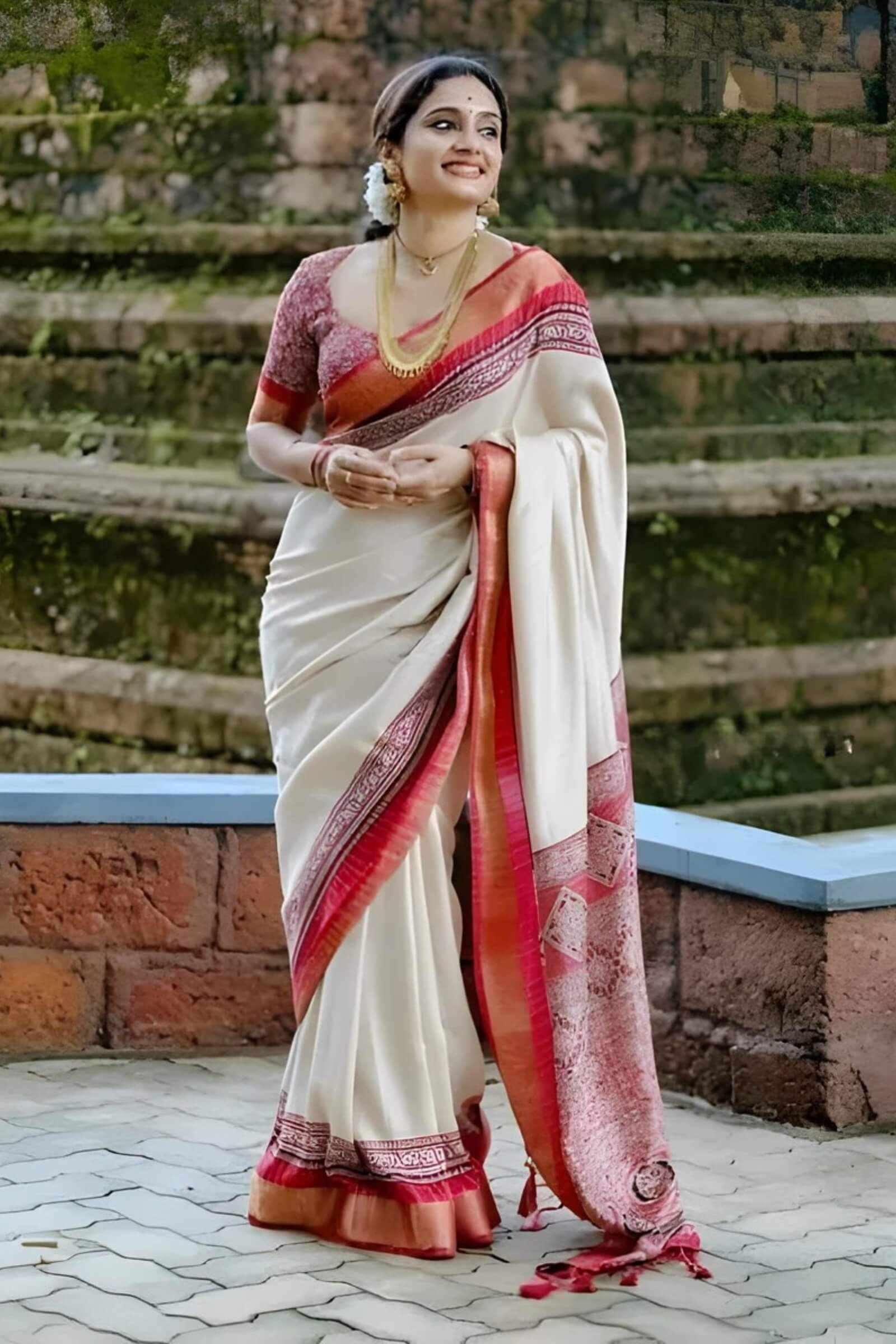 Pretty Beige Digital Printed Dola Silk Saree With Alluring Blouse Piece