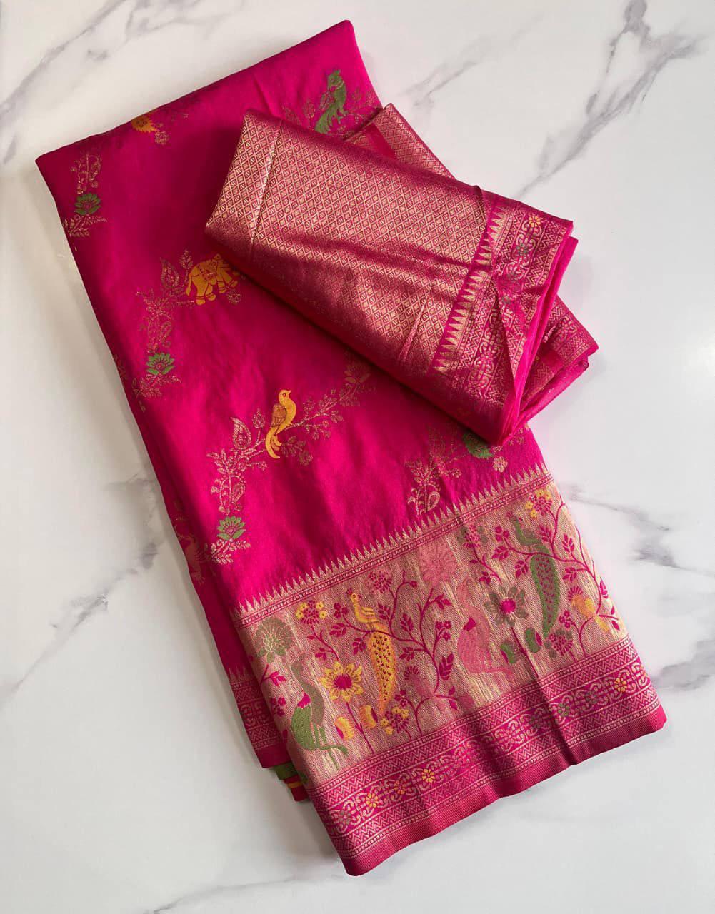 Enamoring Dark Pink Soft Banarasi Silk Saree With Opulent Blouse Piece