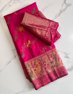 Enamoring Dark Pink Soft Banarasi Silk Saree With Opulent Blouse Piece