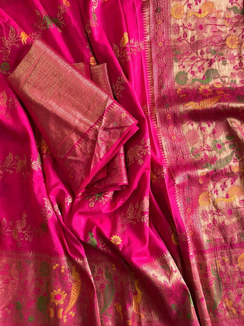 Enamoring Dark Pink Soft Banarasi Silk Saree With Opulent Blouse Piece