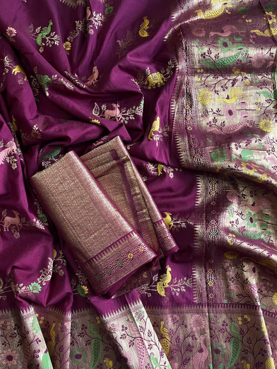 Propinquity Purple Soft Banarasi Silk Saree With Eloquence Blouse Piece