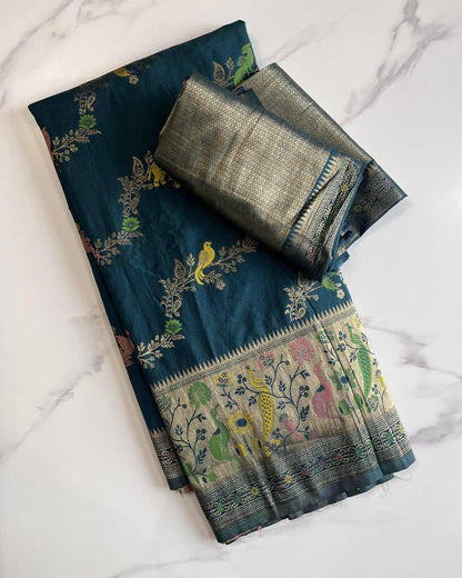 Sonorous Rama Soft Banarasi Silk Saree With Supernal Blouse Piece