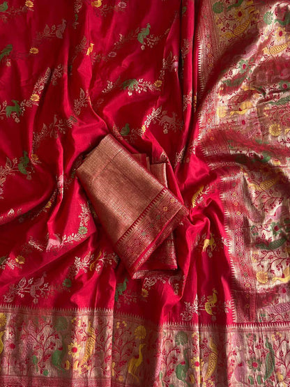 Dalliance Red Soft Banarasi Silk Saree With Posh Blouse Piece
