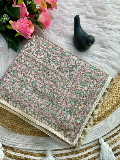 Prodigal Beige Embroidery Work Tussar Silk Saree With Blooming Blouse Piece