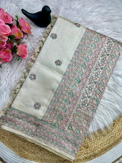 Prodigal Beige Embroidery Work Tussar Silk Saree With Blooming Blouse Piece