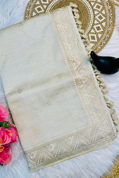 Delightful Off White Embroidery Work Tussar Silk Saree With Inimitable Blouse Piece