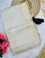Delightful Off White Embroidery Work Tussar Silk Saree With Inimitable Blouse Piece
