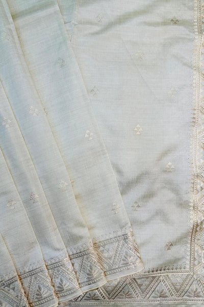 Delightful Off White Embroidery Work Tussar Silk Saree With Inimitable Blouse Piece